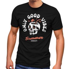 Herren T-Shirt Totenkopf Schrift Only Good Vibes Skull Summer Sommer Retro Vintage Printshirt Fashion Streetstyle Neverless®
