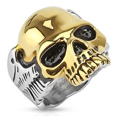 Totenkopf Ring Herren Edelstahl Flügel Biker Skull Gothic Massiv Zweifarbig Gold Silber Punk Rocker