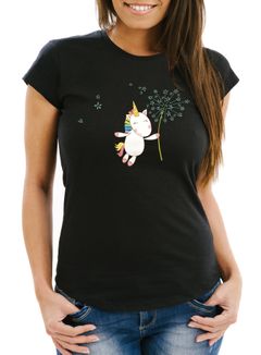Damen T-Shirt Einhorn mit Pusteblume Unicorn with Dandelion Slim Fit Moonworks®
