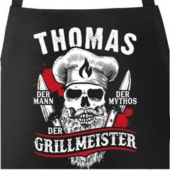 Premium Grill-Schürze für Männer mit Name Der Mann Der Mythos Der Grillmeister Totenkopf Skull Spruch lustig Moonworks®