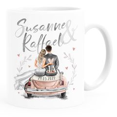 personalisierte Kaffee-Tasse Geschenk Hochzeit mit Namen und Datum Auto Brautpaar Hochzeitstag Jahrestag SpecialMe®