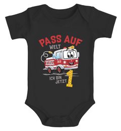 Babybody 1.Geburtstag Feuerwehr-Auto Pass auf Welt ich bin jetzt 1 kurzarm Body Bio-Baumwolle Moonworks®