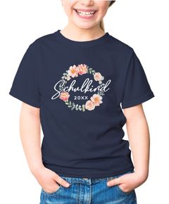 Kinder Mädchen T-Shirt Schulanfang Schulkind personalisiert Jahreszahl Jahr Blumenkranz SpecialMe®