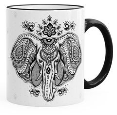 Tasse Mandala Elefant Zentangle Teetasse mit farbigem Henkel und Kante Autiga®