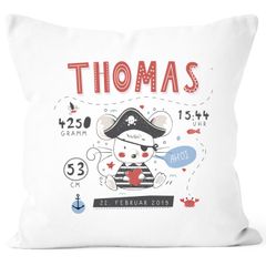 Geburtskissen Jungen Pirat Maus, personalisierbares Kissen zur Geburt, Namenskissen Geschenk Geburt Wunschname SpecialMe®