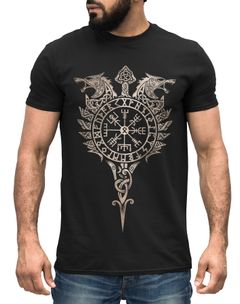 Herren T-Shirt Fenrir Wolf Valknut Vegvisir Wikinger Odin Schwert Runen Kompass nordische Mythologie Neverless®