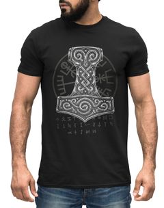 Herren T-Shirt Thor Hammer Wikinger Runen Kompass Vegvisir nordische Mythologie Neverless®