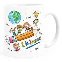 Tasse Schulkind Geschenk Einschulung 1. Klasse Strichmännchen lustig Kindertasse aus Keramik für Jungen Mädchen SpecialMe®