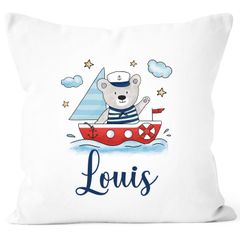 Kissen-Bezug Kinder personalisiert mit Name Bär Boot Segelboot Aufdruck Motiv  Namenskissen Kinder Baby SpecialMe®