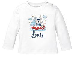 Baby Langarmshirt mit Name Bär Boot Segelboot Aufdruck Motiv personalisierte Geschenke Junge Mädchen Bio-Baumwolle SpecialMe®