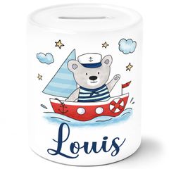 Kinder Spardose personalisiert mit Name Bär Boot Segelboot Sparschwein Keramik personalisierte Geschenke SpecialMe®