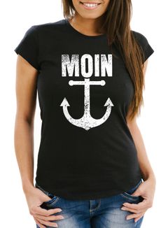 Damen T-Shirt  Moin Anker Retro Print Aufdruck Maritim Nordisch Fashion Streetstyle Slim Fit Neverless®