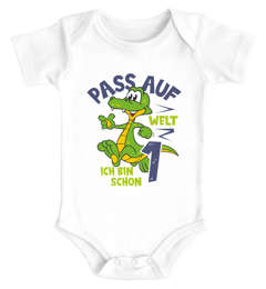 Babybody erster Geburtstag Krokodil Drache Pass auf Welt bin schon 1 kurzarm Body Bio-Baumwolle Moonworks®
