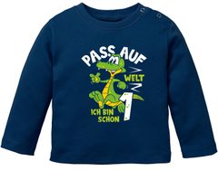 Baby Langarm-Shirt 1. Geburtstag Krokodil Drache Pass auf Welt bin schon 1 Geburtstagsshirt Bio-Baumwolle Junge/Mädchen MoonWorks®