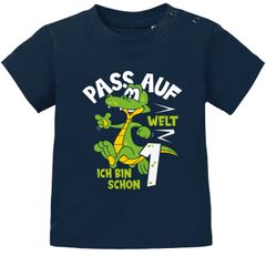 Baby T-Shirt 1. Geburtstag Krokodil Drache Pass auf Welt bin schon 1 Geburtstagsshirt kurzarm Bio-Baumwolle MoonWorks®