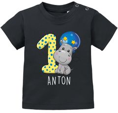 personalisiertes Baby T-Shirt mit Namen  Zahl 1 Geburtstagsshirt Nilpferd Tiermotive Junge/Mädchen SpecialMe®