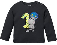 personalisiertes Baby Langarmshirt mit Namen Zahl 1 Geburtstagsshirt Nilpferd Tiermotive Junge/Mädchen SpecialMe® 