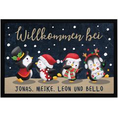 Fußmatte Winter Pinguine mit Namen personalisiert Weihnachten Schnee Familie rutschfest & waschbar SpecialMe®