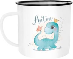 Kinder-Tasse Emaille Dino Dinosaurier Schmetterling personalisierte Tasse mit Name  individuelle Geschenke SpecialMe®