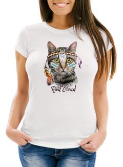 Damen T-Shirt Katze Boho Federn Cat Indianer Slim Fit Neverless®