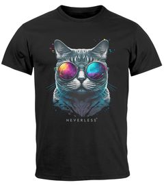 Herren T-Shirt Aufdruck Katze Cat Sommer Sonnenbrille Style Fashion Print Fashion Streetstyle Neverless®