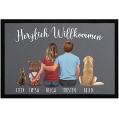 Fußmatte Familie personalisiert mit Figuren und Namen 1,2,3,4 Kinder Hund Katze rutschfest & waschbar SpecialMe®