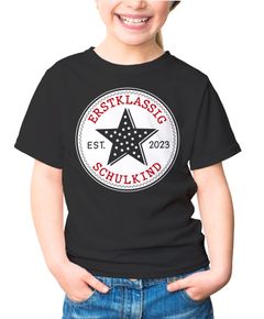 Kinder T-Shirt Mädchen Einschulung Schulkind Stern Schriftzug Erstklassig Geschenk Schulanfang Moonworks®