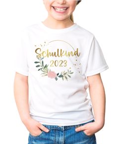 Kinder Mädchen T-Shirt Schulkind personalisiert Jahreszahl Blumen Blüten Goldfarben Geschenk Einschulung SpecialMe®