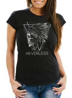 Damen T-Shirt Neverless Totenkopf Druck Motiv Indian Skull Slim Fit Neverless®