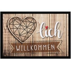 Fußmatte mit Spruch Herzlich Willkommen Herz Natur Holz-Optik rutschfest & waschbar Moonworks®