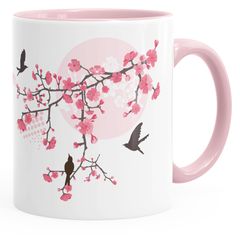 Kaffee-Tasse Kirschblüten Vögel Vogel Blumen Blüten Flower Cherry Tree Birds Tasse mit Innenfarbe Autiga®