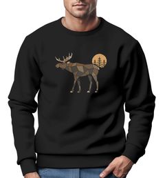 Sweatshirt Herren mit Aufdruck Polygon Elch Outdoor Motive Wandern Natur Wald Rundhals-Pullover Fashion Streetwear Neverless®
