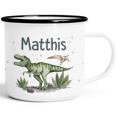 Kinder-Tasse Emaille Dino mit Namen personalisiert Dinosaurier T-Rex Namenstasse individuelle Geschenke SpecialMe®