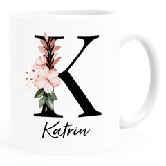 Kaffee-Tasse Monogramm Initiale mit Namen personalisiert Blumen Blüten Dekor Floral Buchstabe SpecialMe®