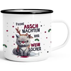 Emaille-Tasse Weihnachten Katze Frohe Arschnachten ihr Weinlöcher Spruch lustig Geschenk Weihnachtsmuffel Moonworks®