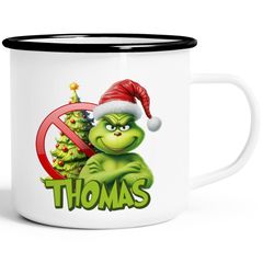 Emaille-Tasse Grinch Weihnachtstasse Mann Frau mit Namen personalisierbar Geschenk lustig Weihnachtsmuffel Moonworks®