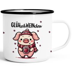 Emaille-Tasse Glühwein Motiv Glüh-Schweinchen Wortspiel Emaillebecher lustig kleines Geschenk Weihnachten Moonworks®