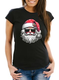 Damen T-Shirt Weihnachten Santa mit Sonnenbrille Cooll Weihnachtsshirt Frauen Fun-Shirt lustig Moonworks®