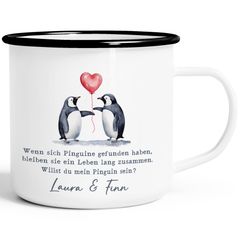 Emaille-Tasse Liebe Liebeserklärung Heiratsantrag Pinguin Paar Spruch personalisiert Namen Ein Leben lang SpecialMe®