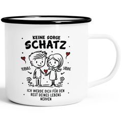 Emaille-Tasse Liebe Geschenk Lustig Keine Sorge Schatz Strichmännchen Paar mit Namen Jahrestag Valentinstag SpecialMe®