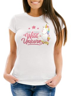 Damen Einhorn T-Shirt Born to be a wild unicorn Einhorn auf Skateboard Slim Fit Moonworks®