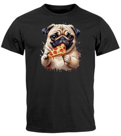 Herren T-Shirt Pizza Lustige Tiermotive Mops Hund Aufdruck Printshirt Fun-Shirt Moonworks®