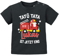 Baby T-Shirt mit Namen und Alter Geburtstagsshirt Feuerwehr-Auto Zahl anpassbar 1 2 3 Junge/Mädchen Moonworks®