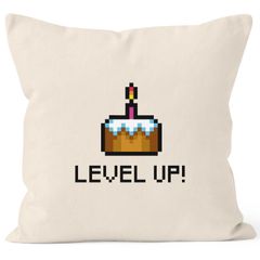 Kissenbezug Geburtstag Level Up Pixel-Torte Retro Gamer Pixelgrafik Geschenk Arcade Kissenhülle Dekokissen Baumwolle MoonWorks®