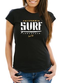 Kultiges Damen T-Shirt California Surf-Brett Logo Slim Fit Neverless®
