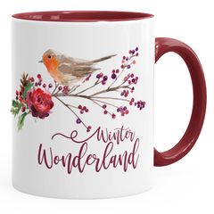 Tasse mit Innenfarbe Christmas Bird Winterwonderland glänzend Kaffeetasse Teetasse Keramiktasse Autiga®