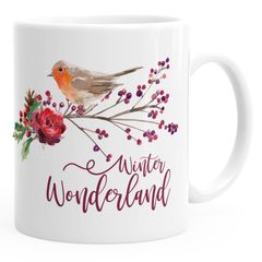 Weihnachtstasse Tasse Weihnachten Winterwonderland Vogel Rotkehlchen Blumen Misteln Christmas Bird Kaffeetasse Autiga®