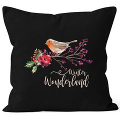 Kissenbezug Weihnachten Winterwonderland Vogel Rotkehlchen Blumen Misteln Christmas Bird Autiga®