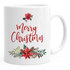 Tasse Weihnachten traditionell Merry Christmas Blumen Weihnachtsstern Christstern Teetasse Kaffeetasse Autiga®