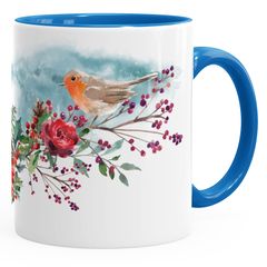 Kaffeetasse Vogel Rotkehlchen Blumen Misteln Watercolor Bird Weihnachten Christmas Weihnachtstase Weihnachtsbecher Autiga®
